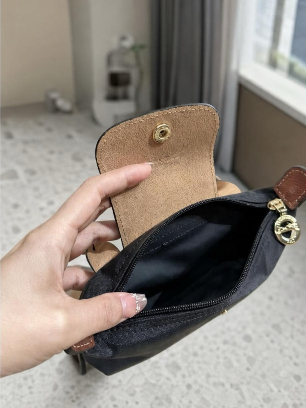 Longchamp Black Nylon Crossbody with Brown Leather Trim - Picture 3 of 6